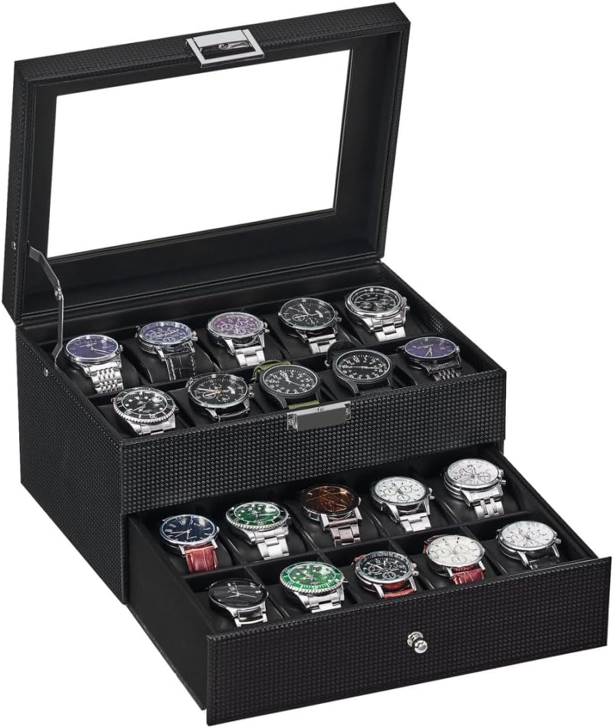 BEWISHOME 20 Slot Watch Case: Stylish Carbon Fiber Design