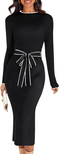 Women's Long Sleeve Midi Sweater Dress - Sleek Color Block Tie Waist
