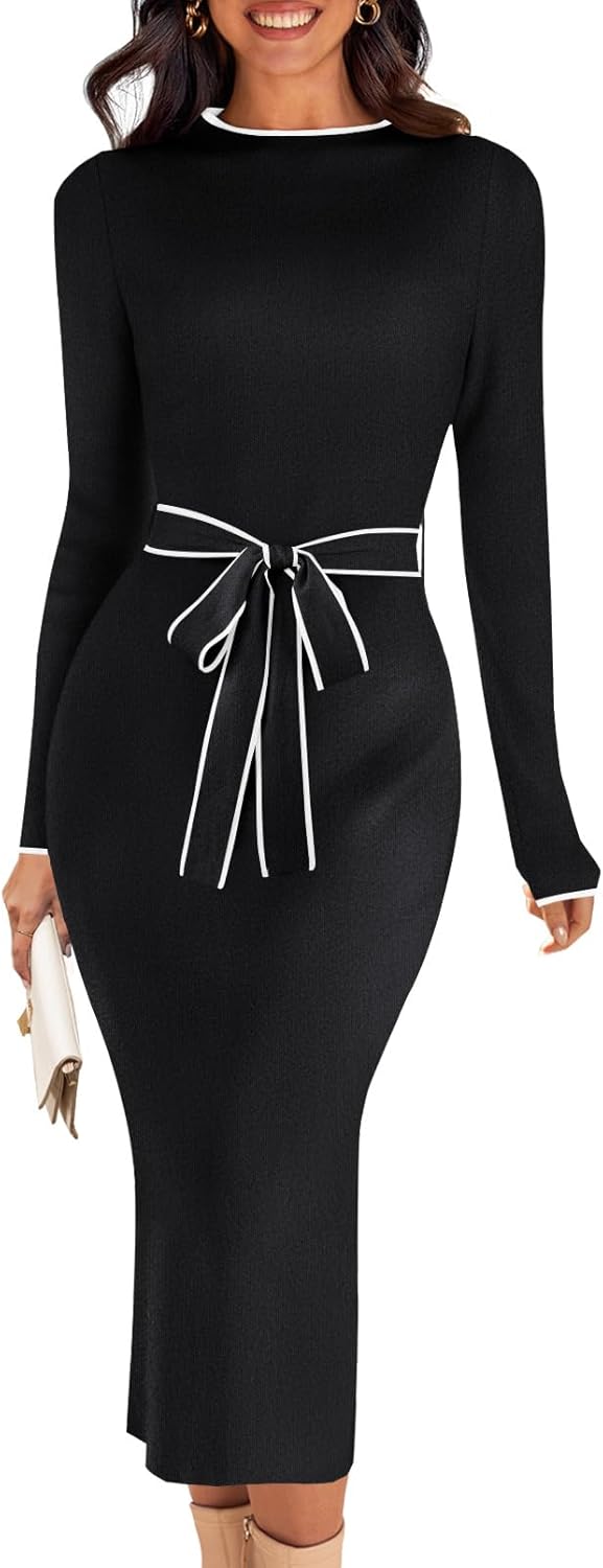 MEROKEETY Women's Long Sleeve Midi Sweater Dress for Fall 2025