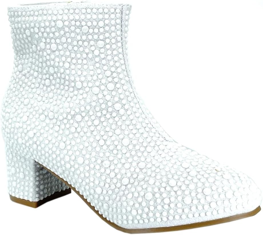 ABSOLEX Girle's Rhinestone Round Toe Block Chunky Ankle Booties