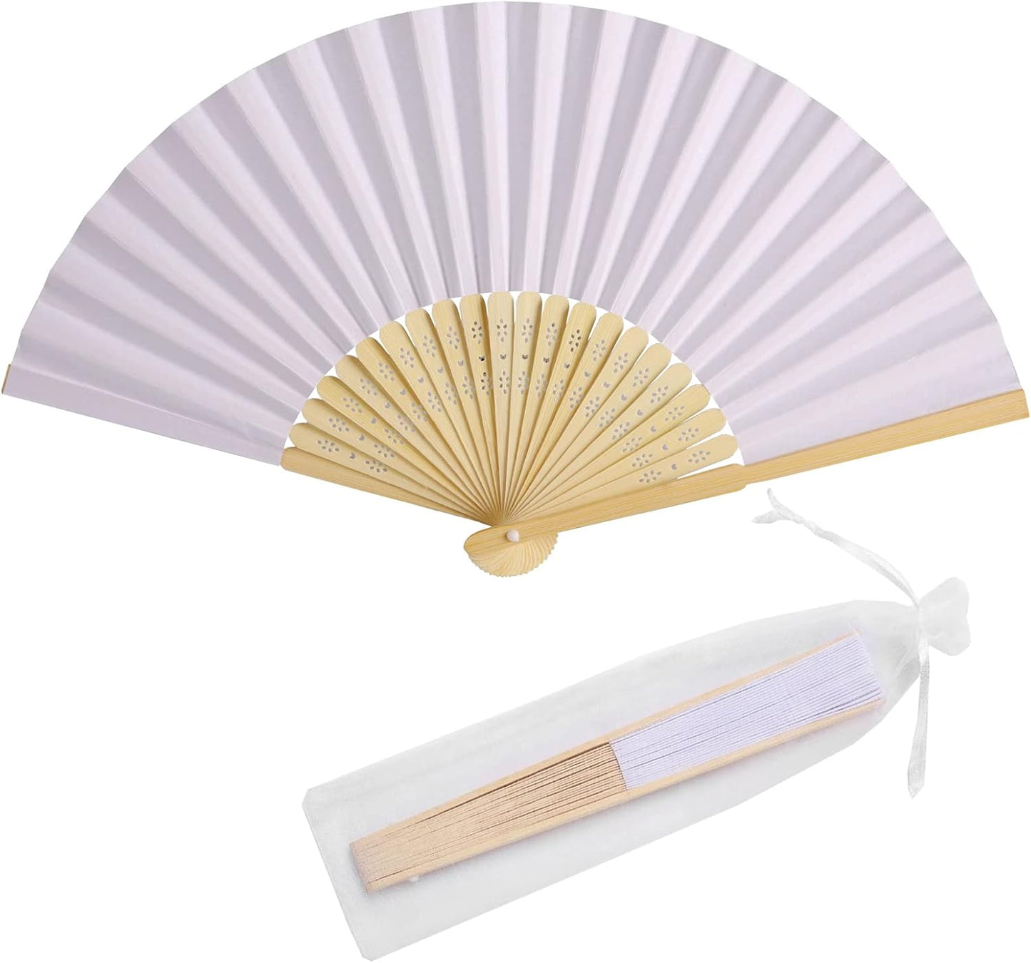 50pcs Paper Hand Fan with Organza Bags for Weddings and Parties