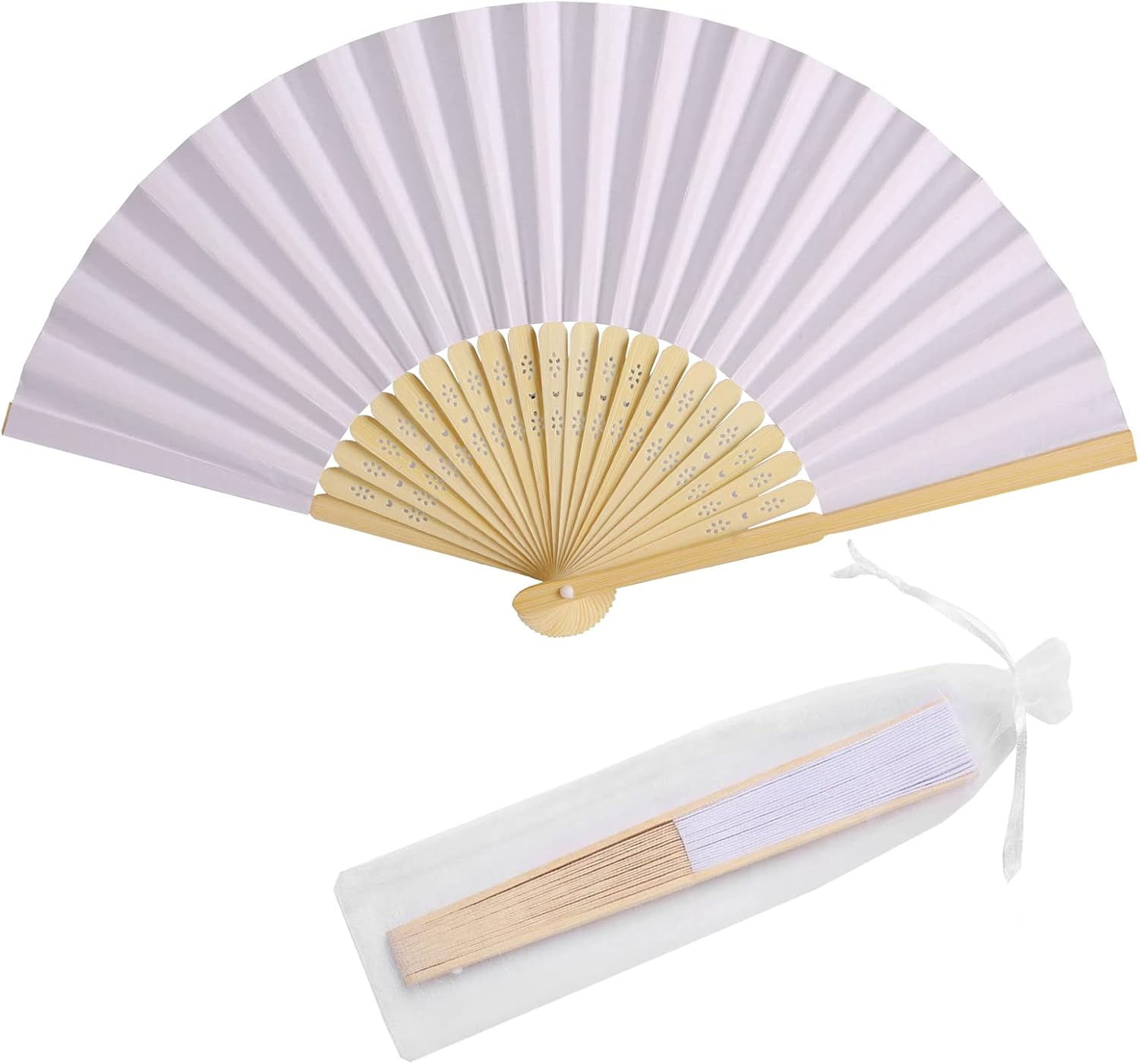 50pcs Paper Hand Fan with Organza Bags for Weddings and Parties