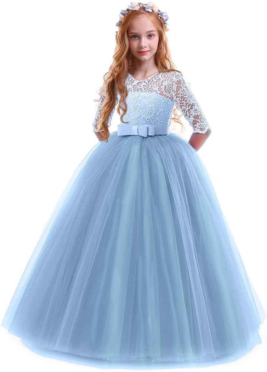 Girls Flower Vintage Floral Lace 3/4 Sleeves Dress for Parties