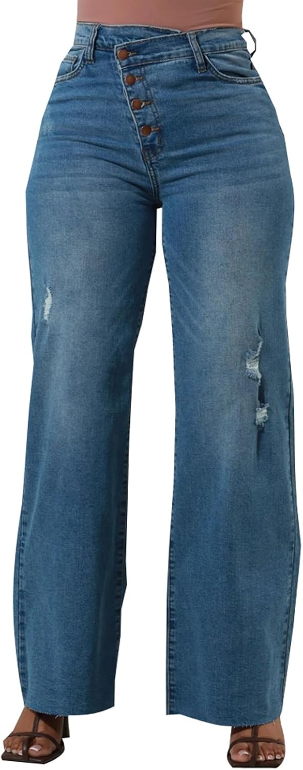 Women's Wide Leg Straight Jeans High Waisted Baggy Stretch Denim