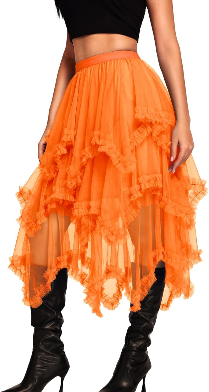 Kaei&Shi Long Tulle Skirt for Women - Asymmetrical Ruffle Design