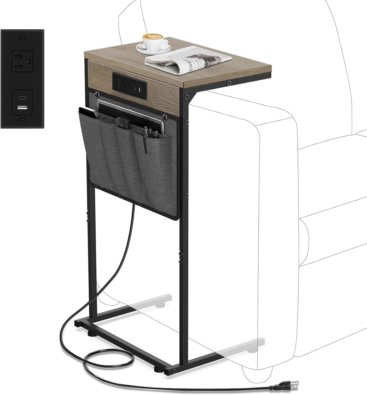 Evermagin C Shaped End Table with Charging Station