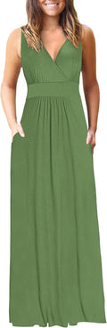 Women's Sleeveless Deep V Neck Maxi Dress with Pockets - Soft Stretch