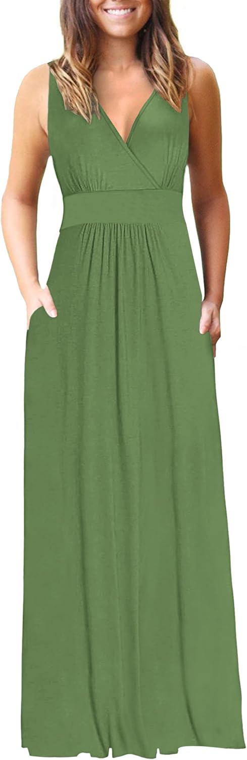 Sleeveless Maxi Dress Deep V Neck with Pockets for Parties
