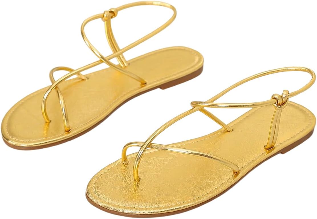 GORGLITTER Women's Metallic Strappy Flat Sandals for Summer