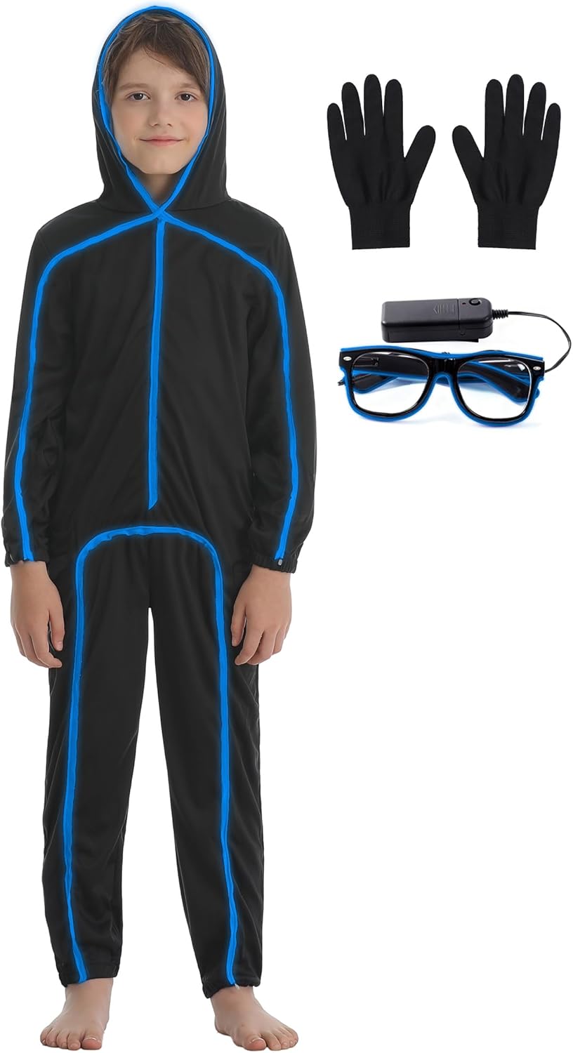 Stick Figure Costume Kids Jumpsuit with Light Up Glasses