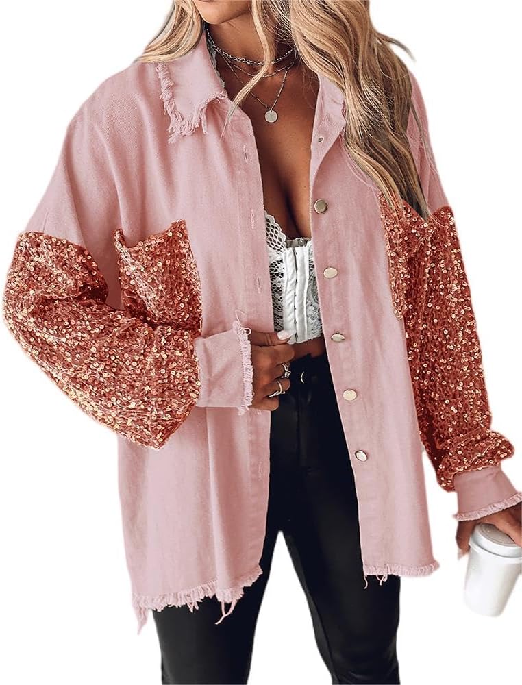 Oversized Sequin Patchwork Denim Shacket for Women 2025