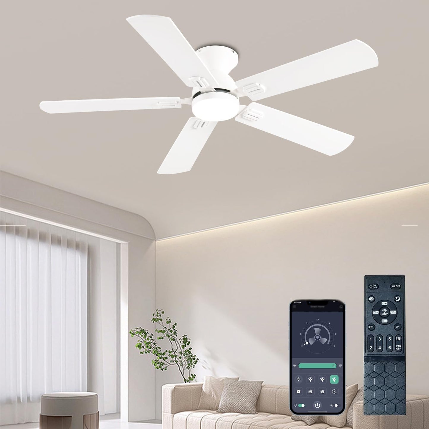 52 Inch Low Profile Ceiling Fan with Light and Remote Control