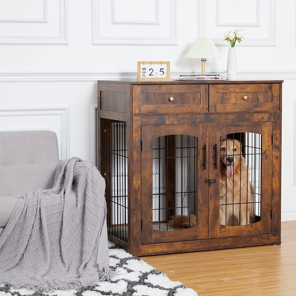 Dog Crate Furniture with Double Drawers for Large Dogs