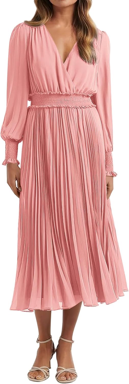 PRETTYGARDEN Womens Wrap V Neck Midi Dress for Any Occasion