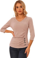Allegra K Women's V Neck Blouse with Ruched Detail and Buttons