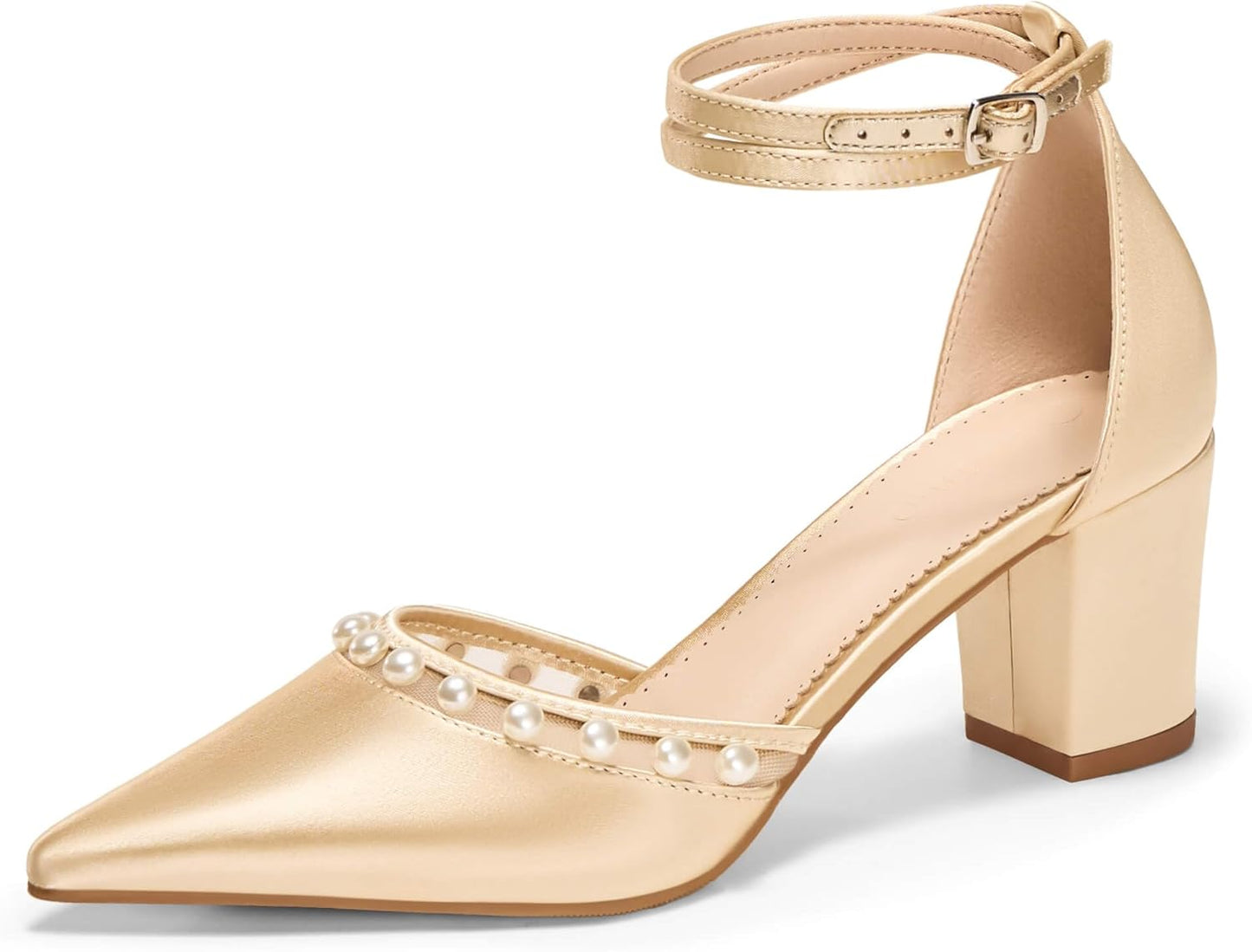 Coutgo Womens Pearl Chunky Heels Wedding Shoes for Bride