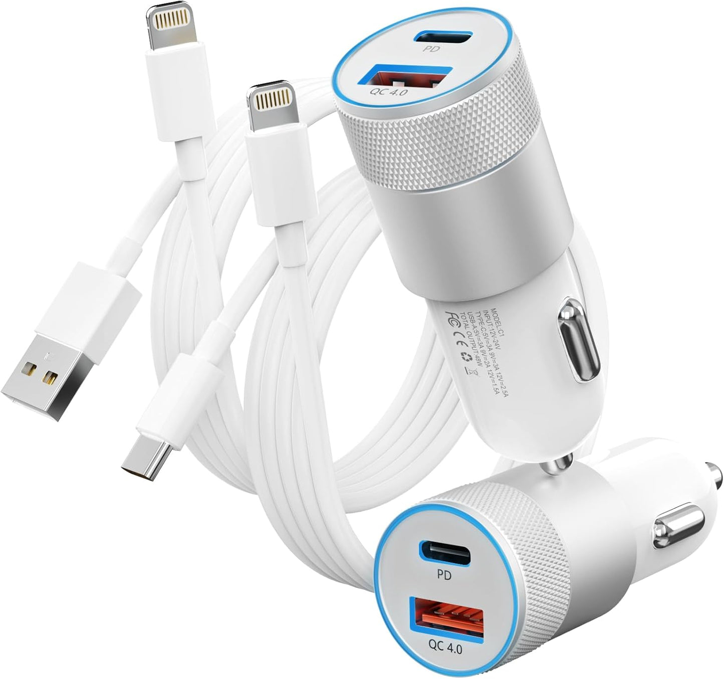 Quick Charge 48W Car Charger + 2Pack Lightning Cable by PAIMIAN