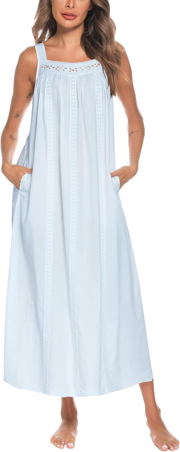 YOZLY Cotton Nightgowns for Women with Pockets and Embroidery