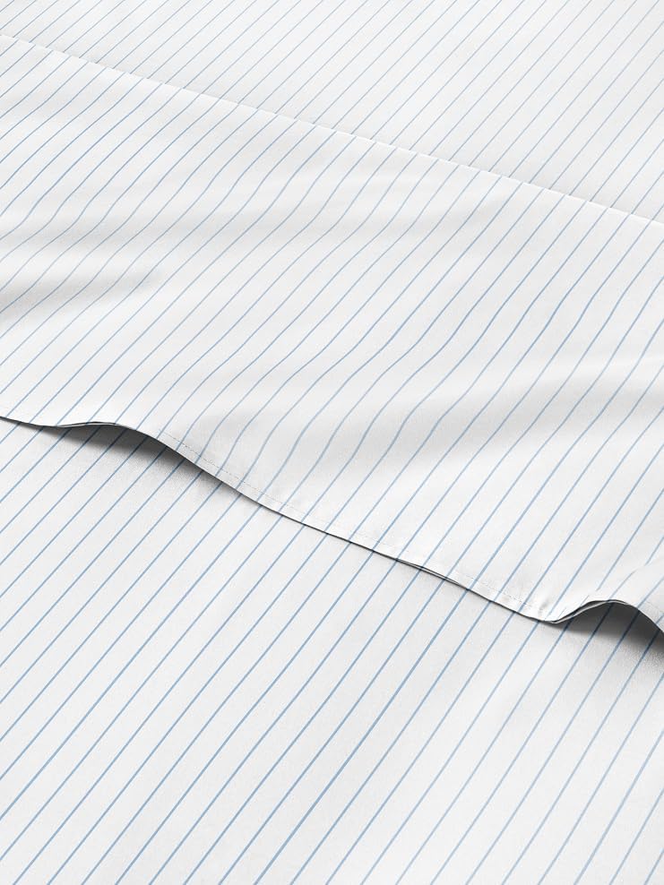 Sky Blue and White Striped Sheets Set for Queen Size Beds
