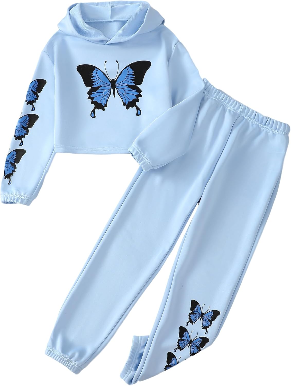 Girls' Butterfly Print Crop Top Hoodie and Sweatpants Set