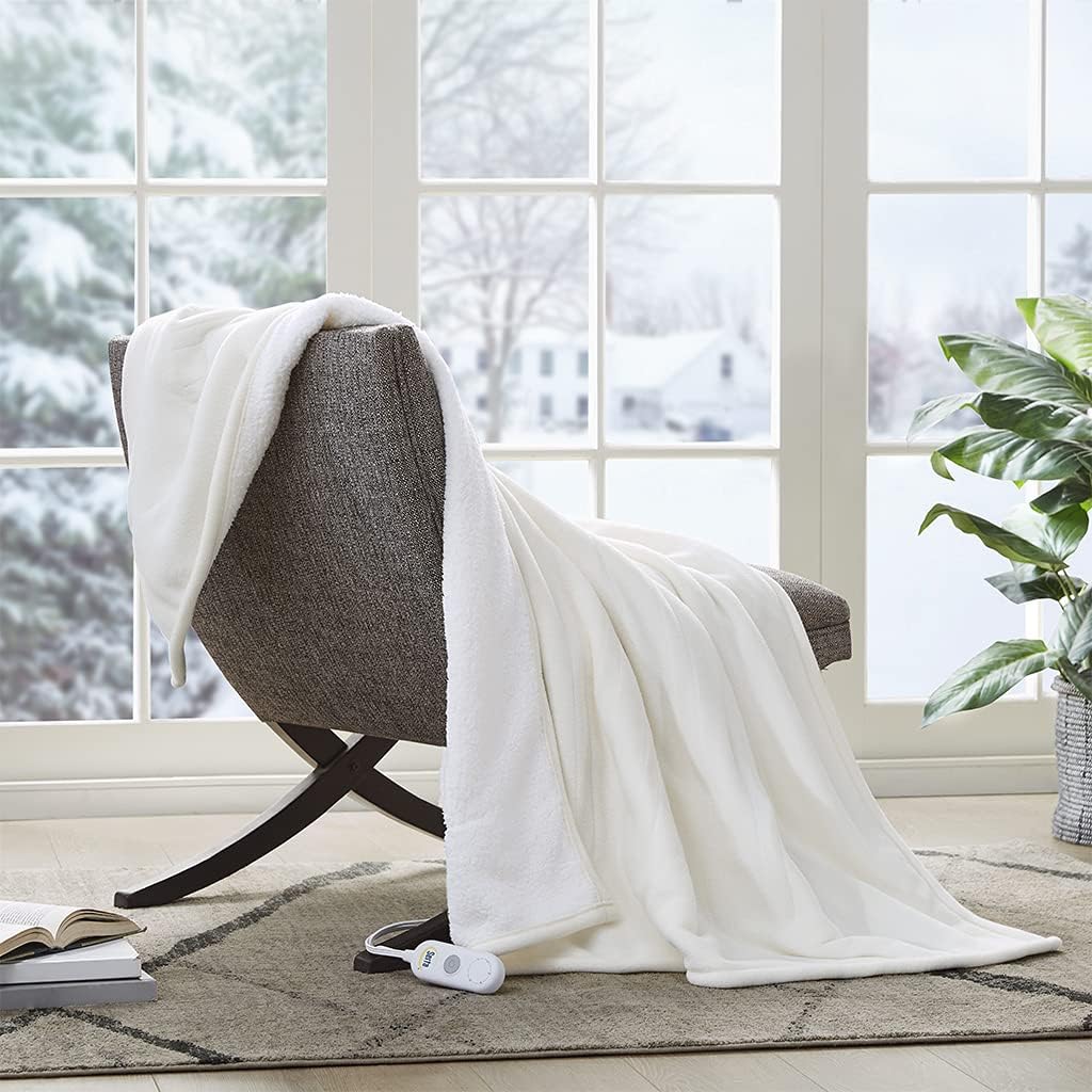 Serta Heated Throw Blanket - Cozy Reversible Fleece to Sherpa