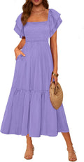 Womens Summer Casual Midi Dress with Square Neck - Smocked Waist
