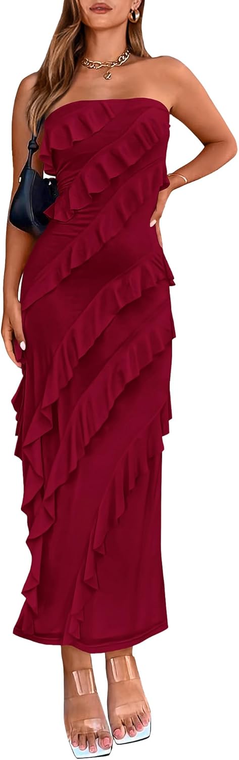 Elegant Strapless Midi Ruched Bodycon Dress for Women