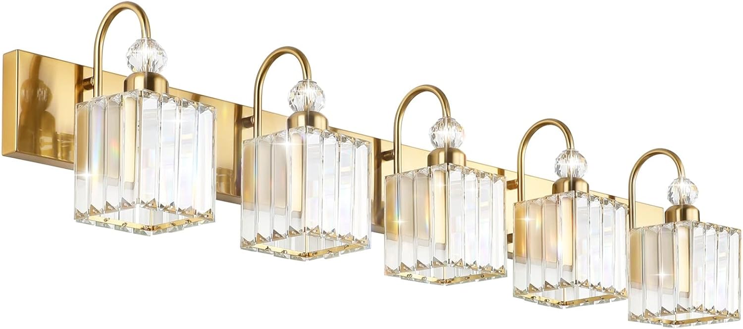 Ralbay Gold Crystal 5-Light Bathroom Vanity Lights for Modern Style
