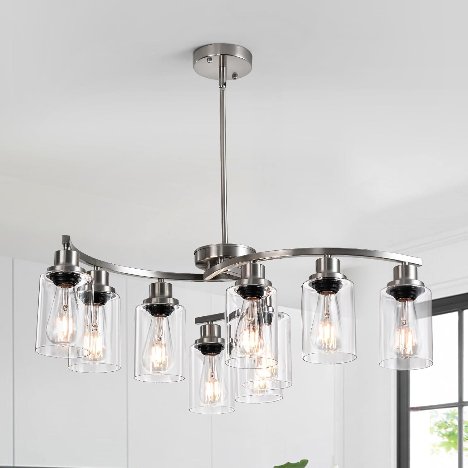 9-Light Brushed Nickel Farmhouse Chandeliers for Dining Room