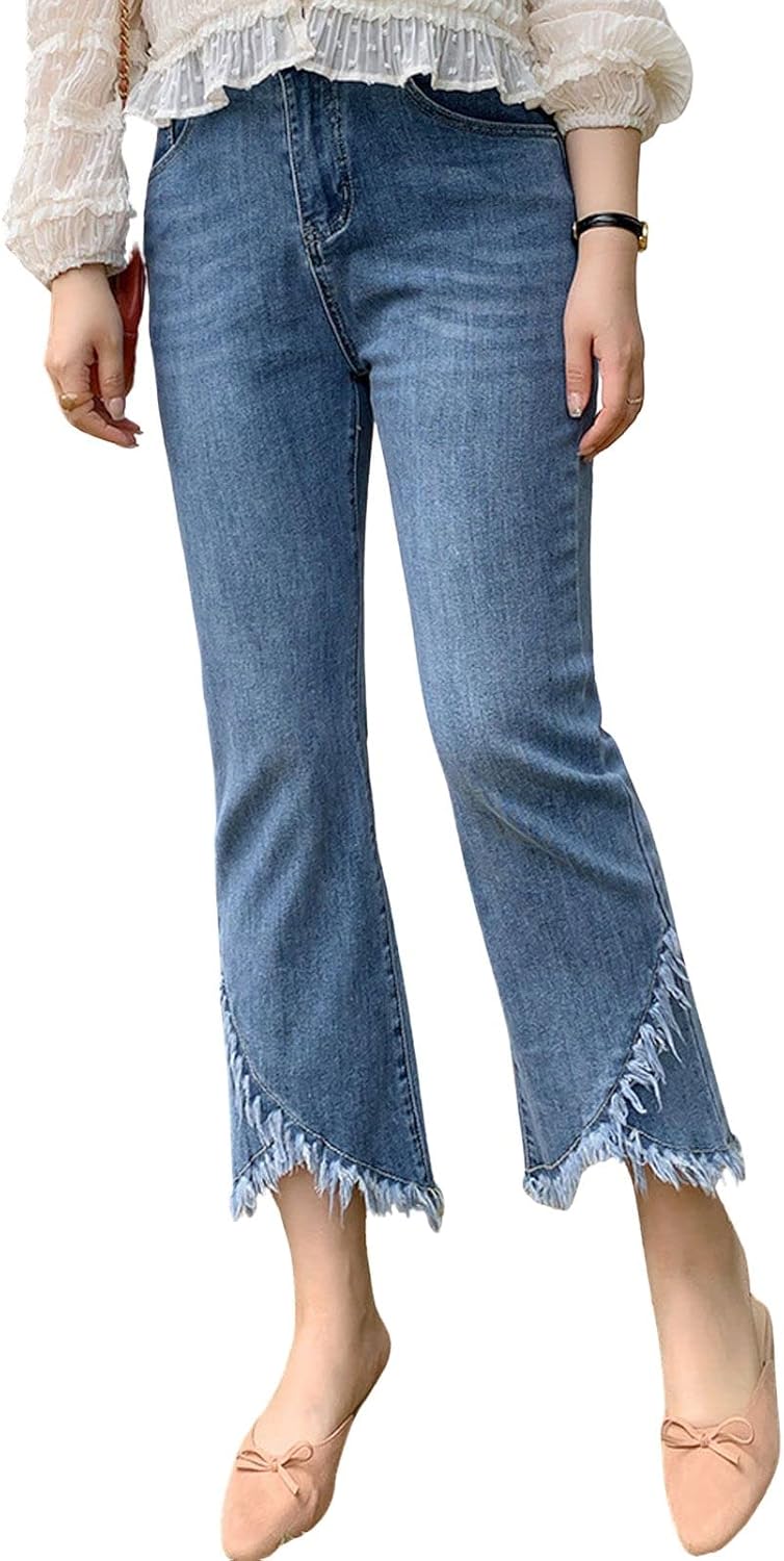 Cute Stretch Denim Jeans for Women with Ripped Distressed Hem