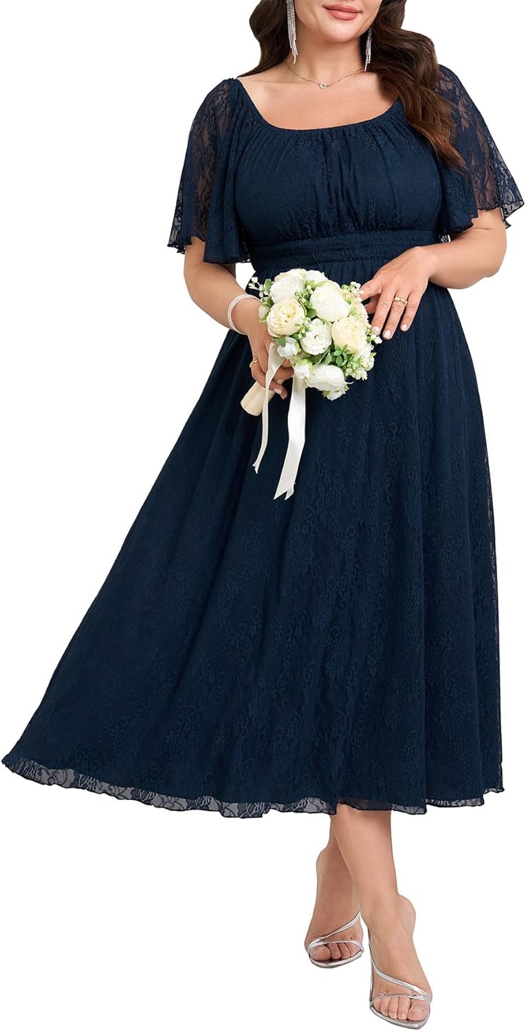 Plus Size Wedding Guest Dress with Lace Square Neck Design