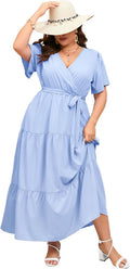 Plus Size V Neck Wrap Maxi Dress for Women with Ruffles