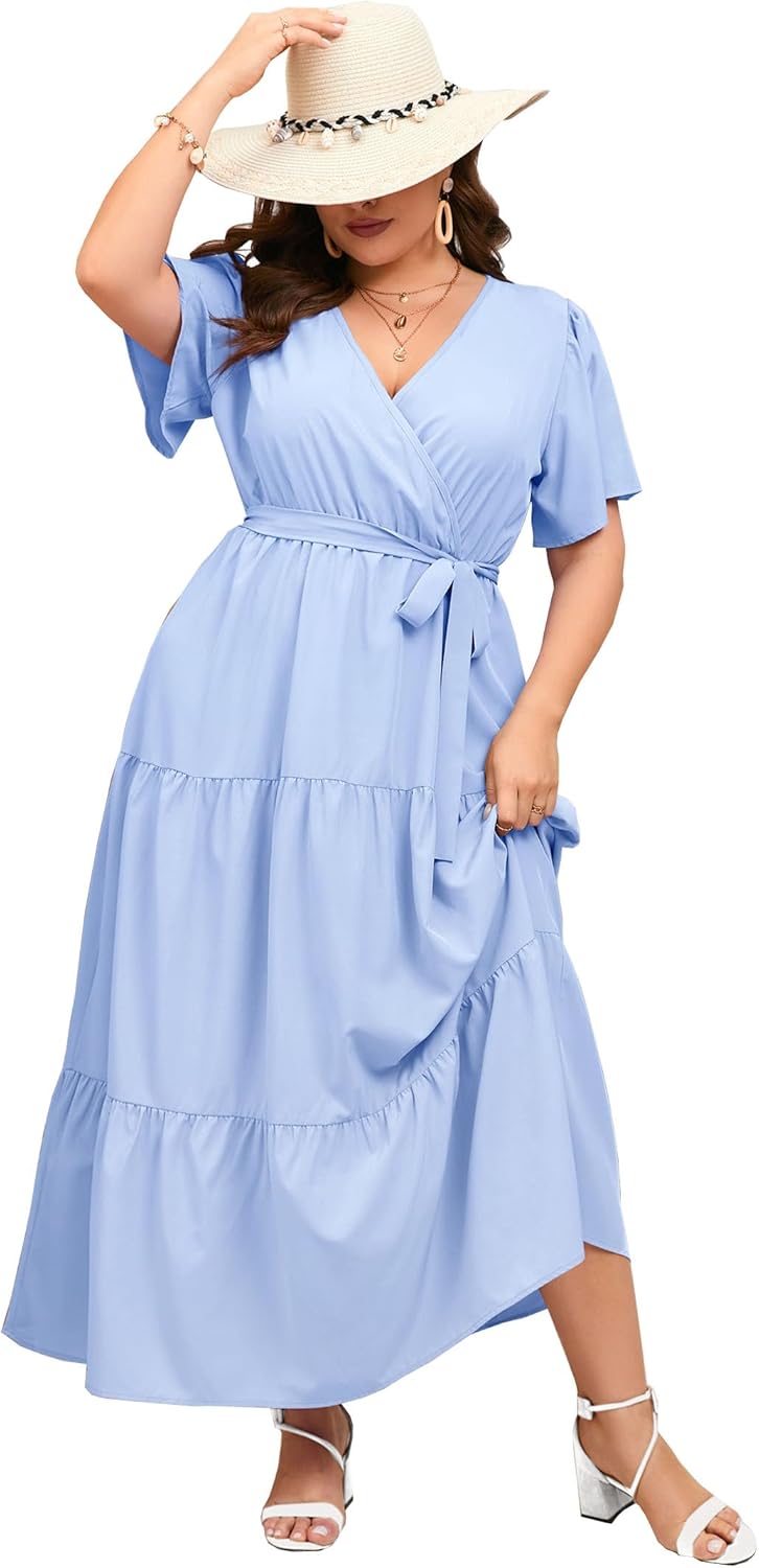 Plus Size V Neck Wrap Maxi Dress for Women with Ruffles