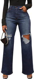 Women's Wide Leg Straight Jeans High Waisted Baggy Stretch Loose