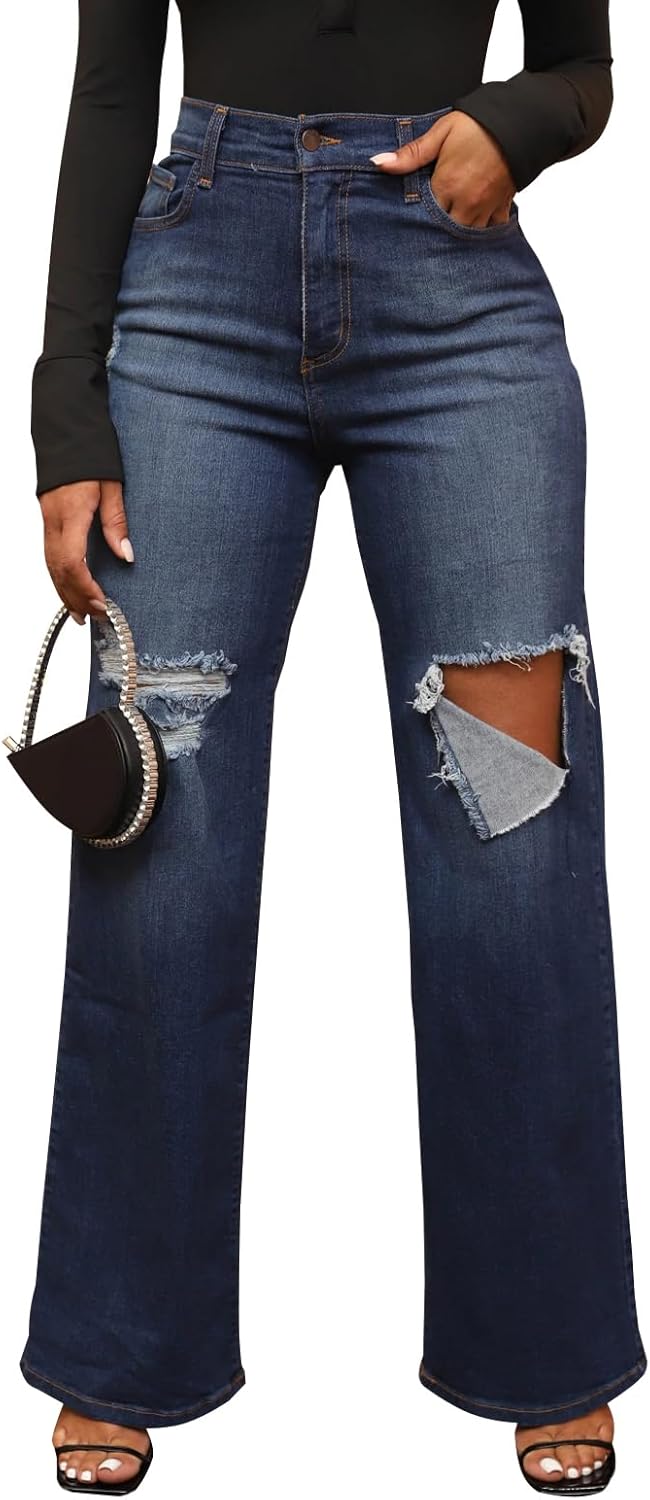 Women's Wide Leg Straight Jeans High Waisted Baggy Stretch Pants