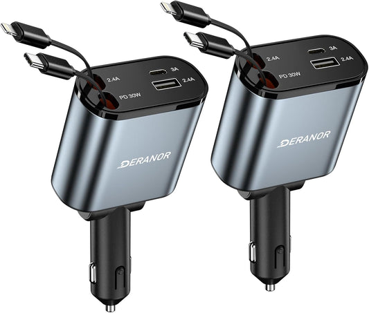 DERANOR 2 Pack Fast 4-in-1 Car Charger Set for iPhone & Samsung