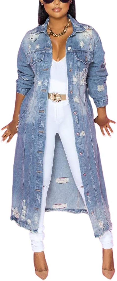 Chouyatou Women's Spring Fashion Ripped Holes Denim Jacket