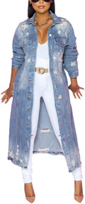 Women Spring Ripped Holes Maxi Denim Jacket Trench Coat - Vintage Look