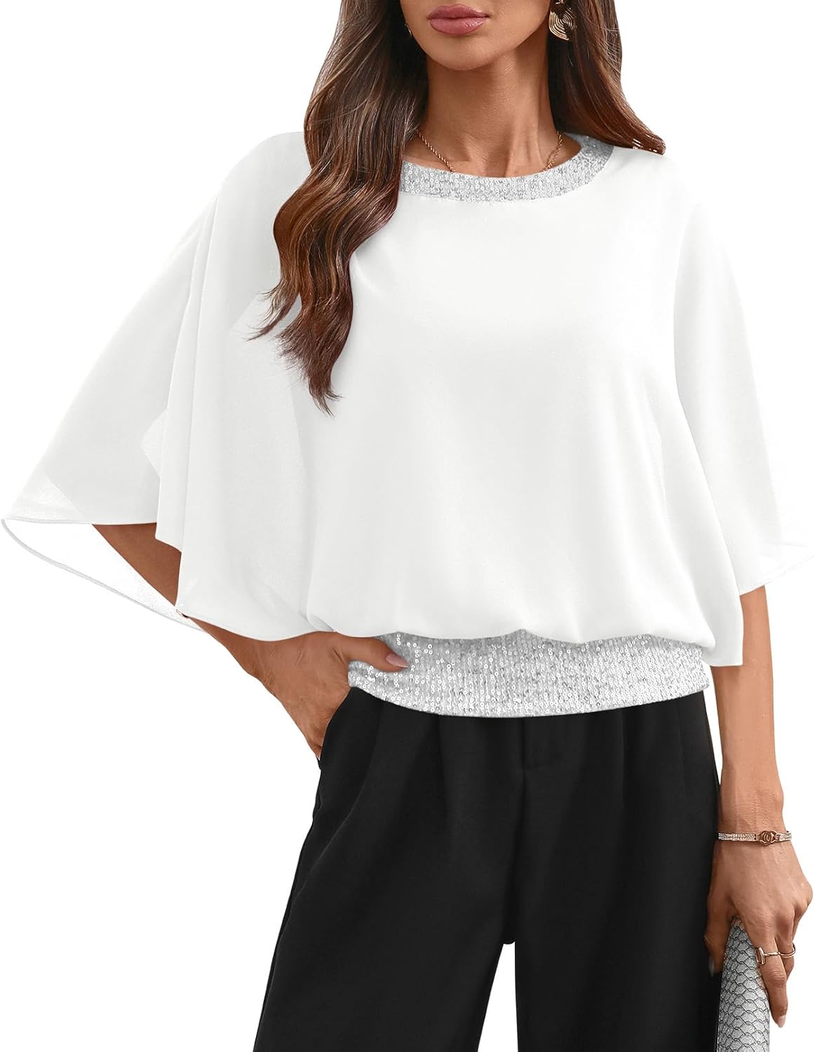Dressy Sequin Formal Top with Dolman Sleeves for Women