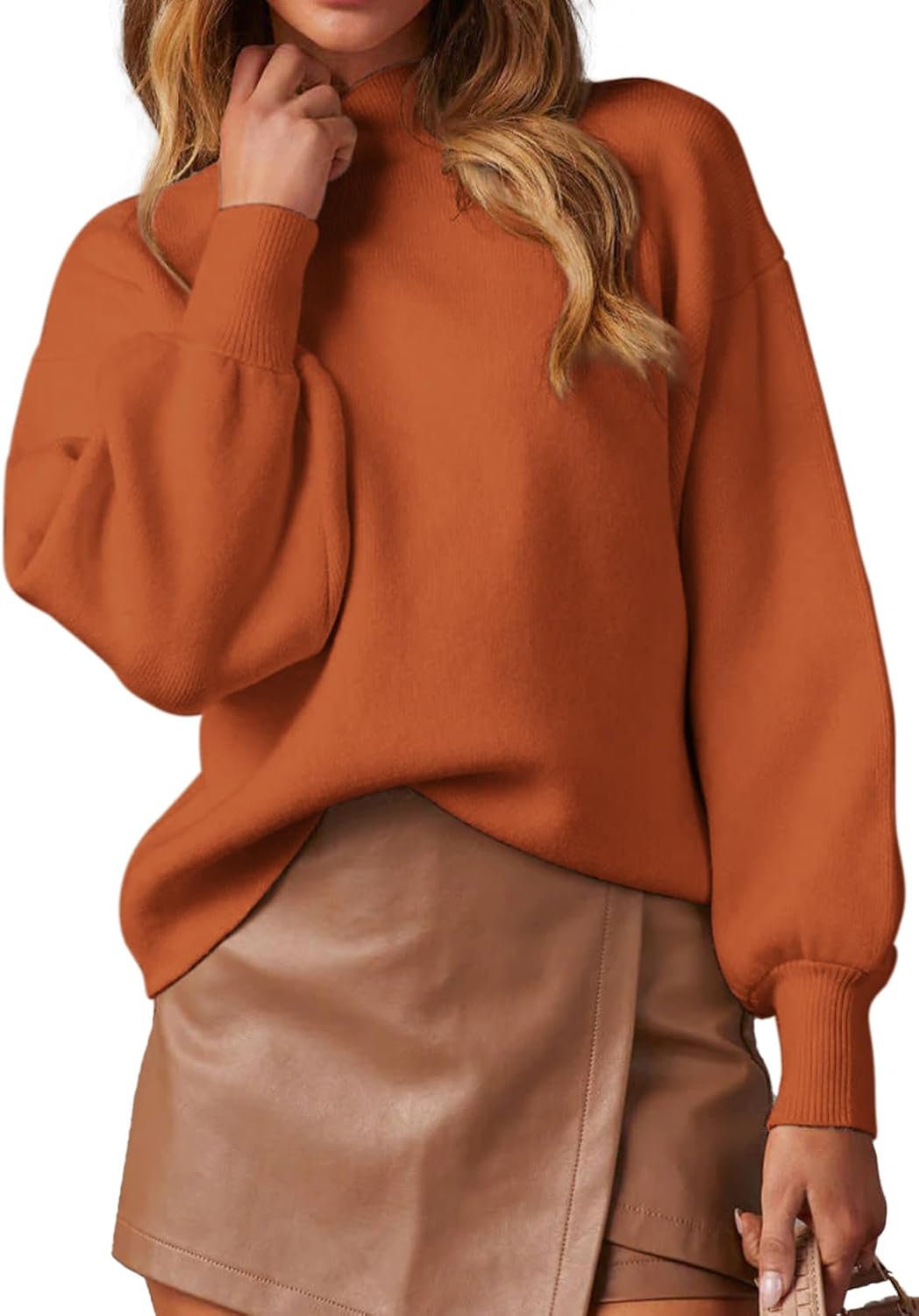 WEACZZY Women's Mock Neck Lantern Sleeve Lightweight Sweater