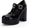 Coutgo Womens' T-Strap Round Toe Chunky Platform Heels - Classic