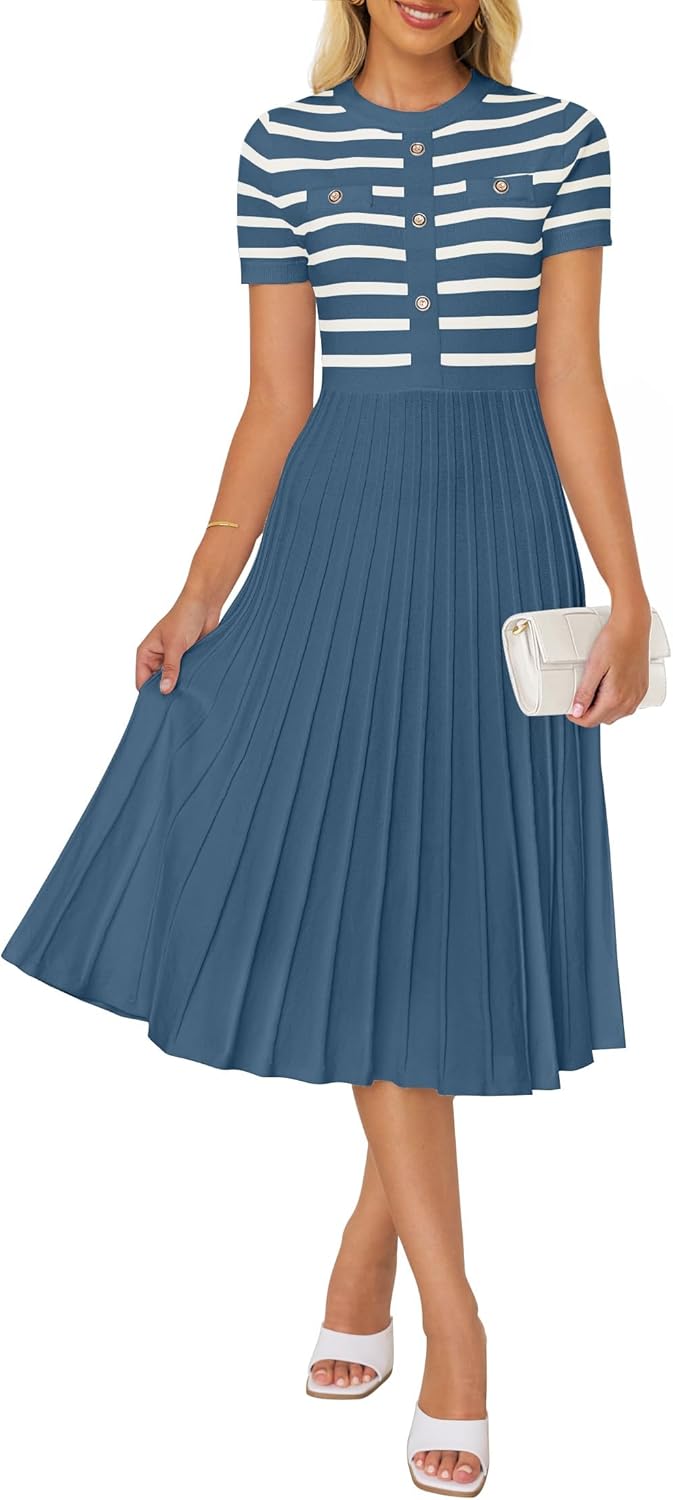 ZESICA Women's Casual Striped Midi Dress for Summer Elegance