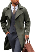 Runcati Mens Trench Coat Double Breasted Notched Lapel Casual Belted