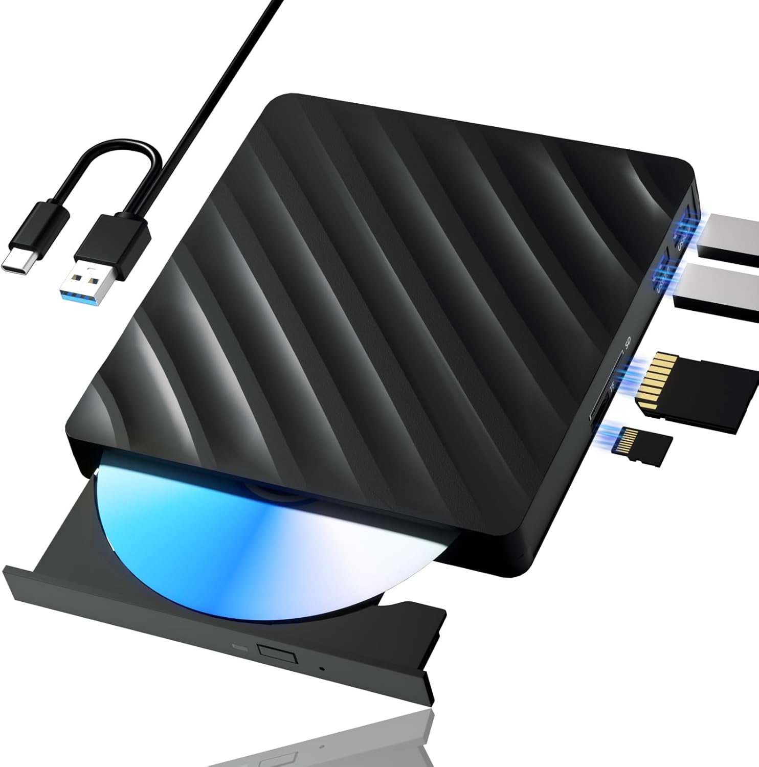 Portable 5-in-1 Blu Ray Drive - USB 3.0 Type-C, CD DVD Burner, 3D Blu Ray