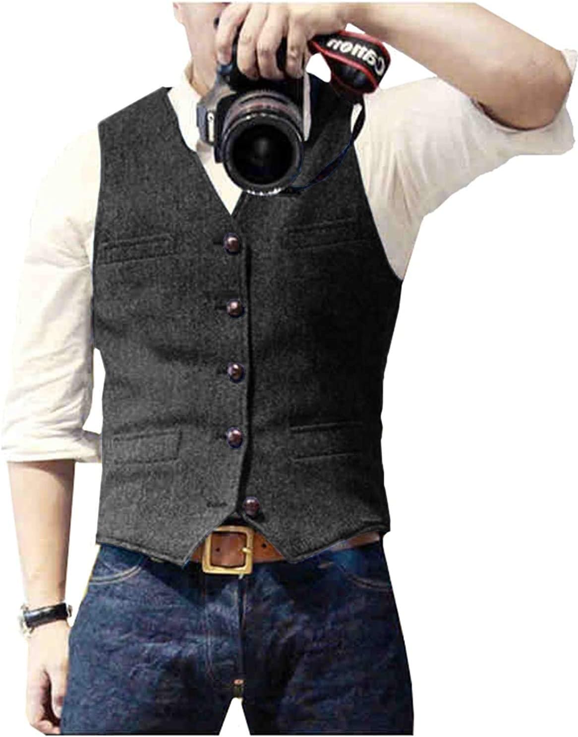 Ceehuteey Mens Suit Vest Waistcoat Tweed Retro V Neck Wool Herringbone