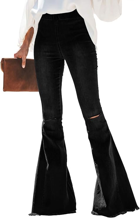Sidefeel Women Destroyed Flare Jeans with Elastic Waist Design