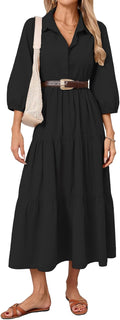 Women Button Down Maxi Shirt Dress Long Sleeve Flowy Tiered Dress