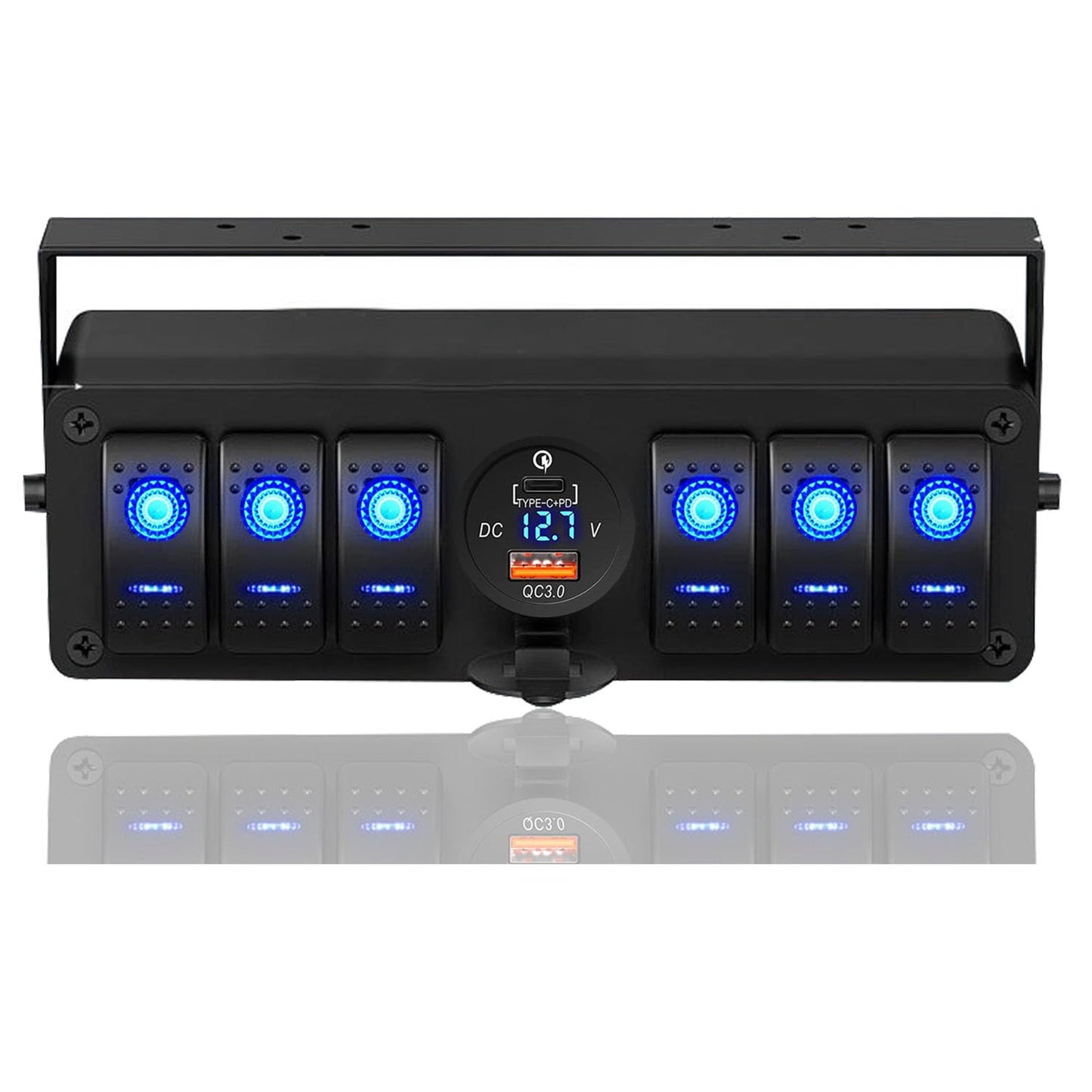 6 Gang Rocker Switch Box with USB Charger and Voltmeter Features