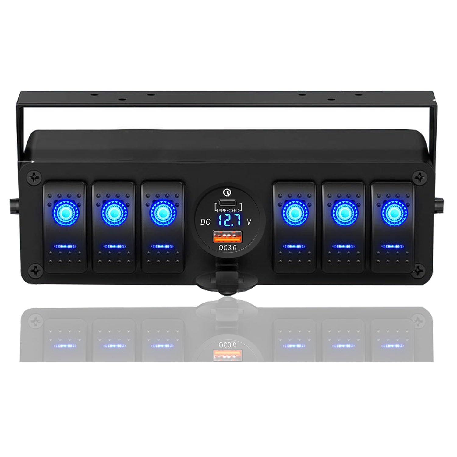6 Gang Rocker Switch Box with USB Charger and Voltmeter Features