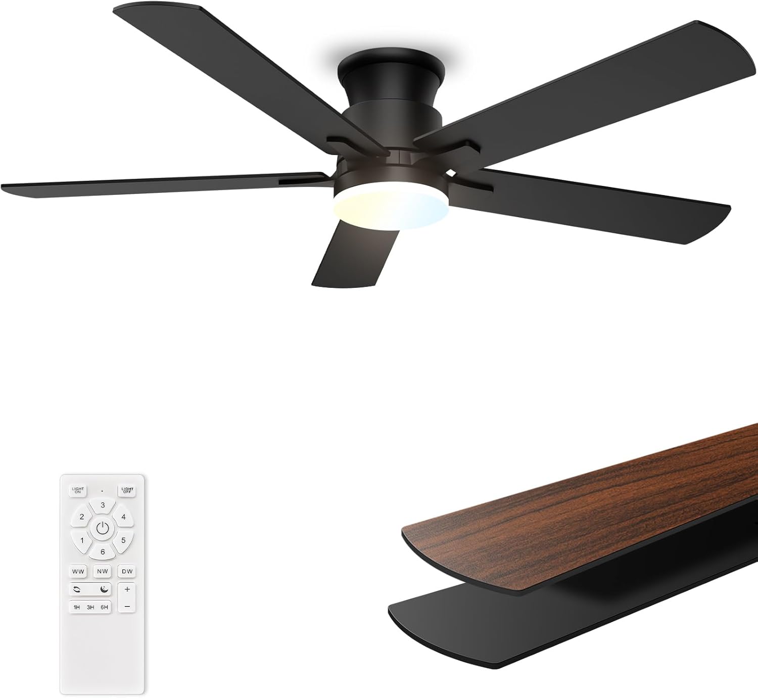 52 Inch Flush Mount Ceiling Fan with Lights and Remote Control